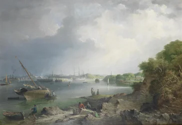 Ein Blick über den Hamoaze auf die überdachten Slipanlagen und Gebäude der Marinewerft in Devonport